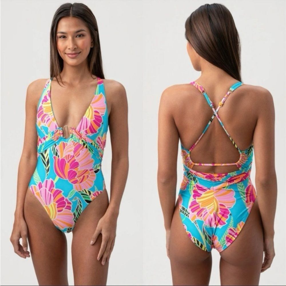 Trina Turk Poppy Belted Plunge One Piece Swimsuit Size‎ 12